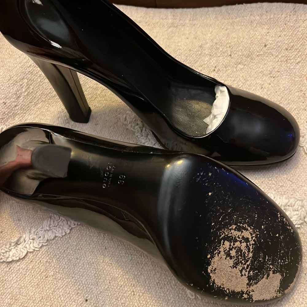 GUCCI Vitelli Bernice Soft Nero Black Baby Jane Heel Logo Hardware Sz 39 - Picture 8 of 11